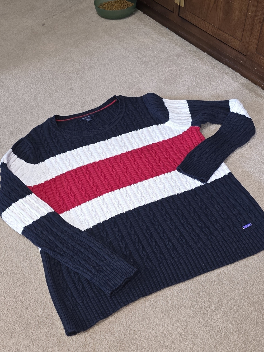 Tommy Hilfiger Navy, White & Red Cable-Striped Crewneck Sweater